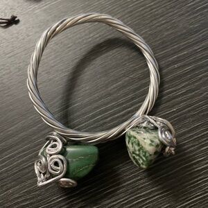 Handcrafted Silver Wire Bangle with Green Gemstone Charms